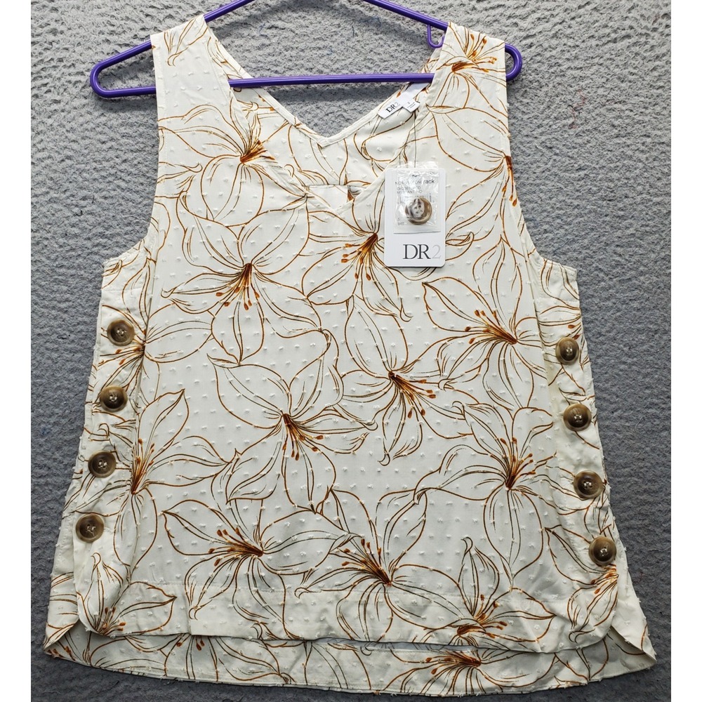 DR2 Tank Top Womens Small Multi Floral Swiss Dot V-Neck Side Button Details